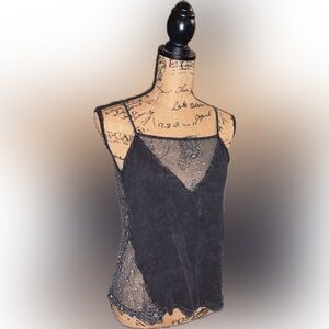 POL Black Lace Sheer Airy Open Tie Back Embroidered Whimsigoth Emo Tank Top L